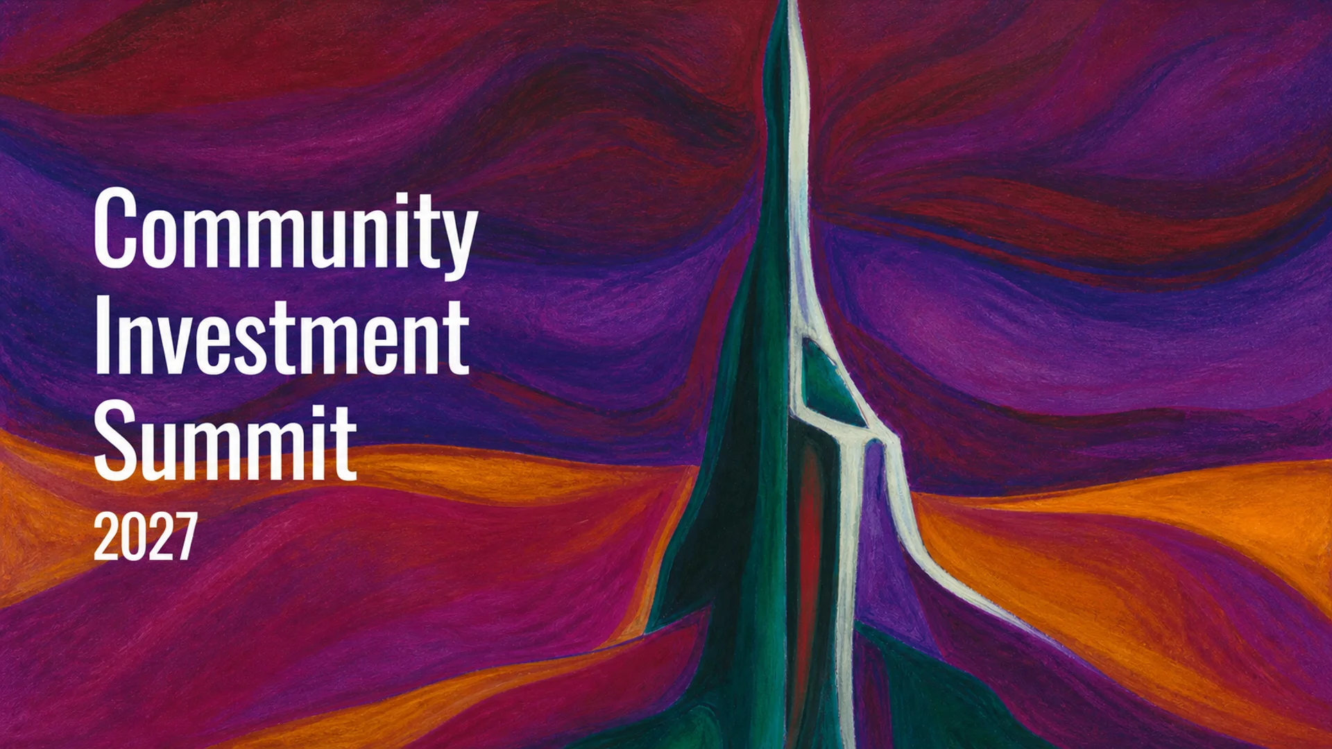 Expressive burgundy and purple painted waves around a green sail, with white Community Investment Summit 2027 lettering